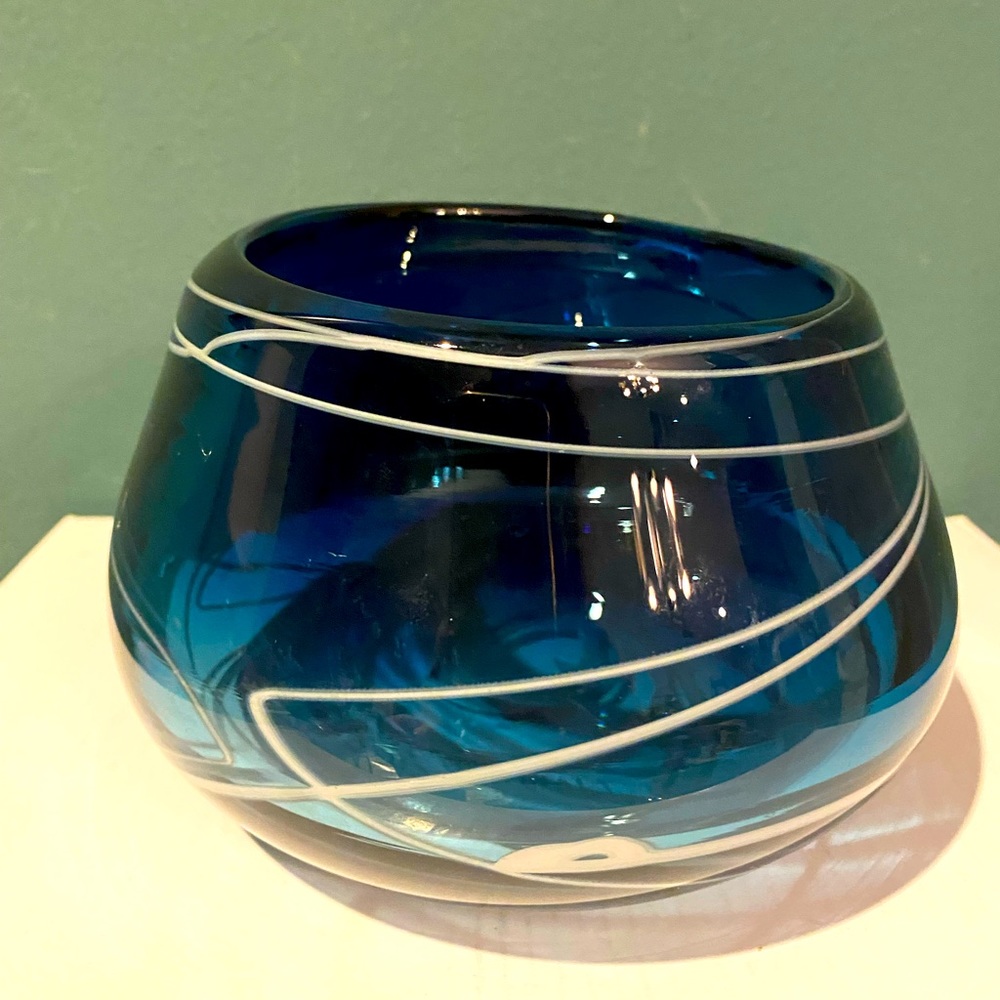 Gorgeous Blue Art Glass Bowl with white threading signed by BJ Mitchell